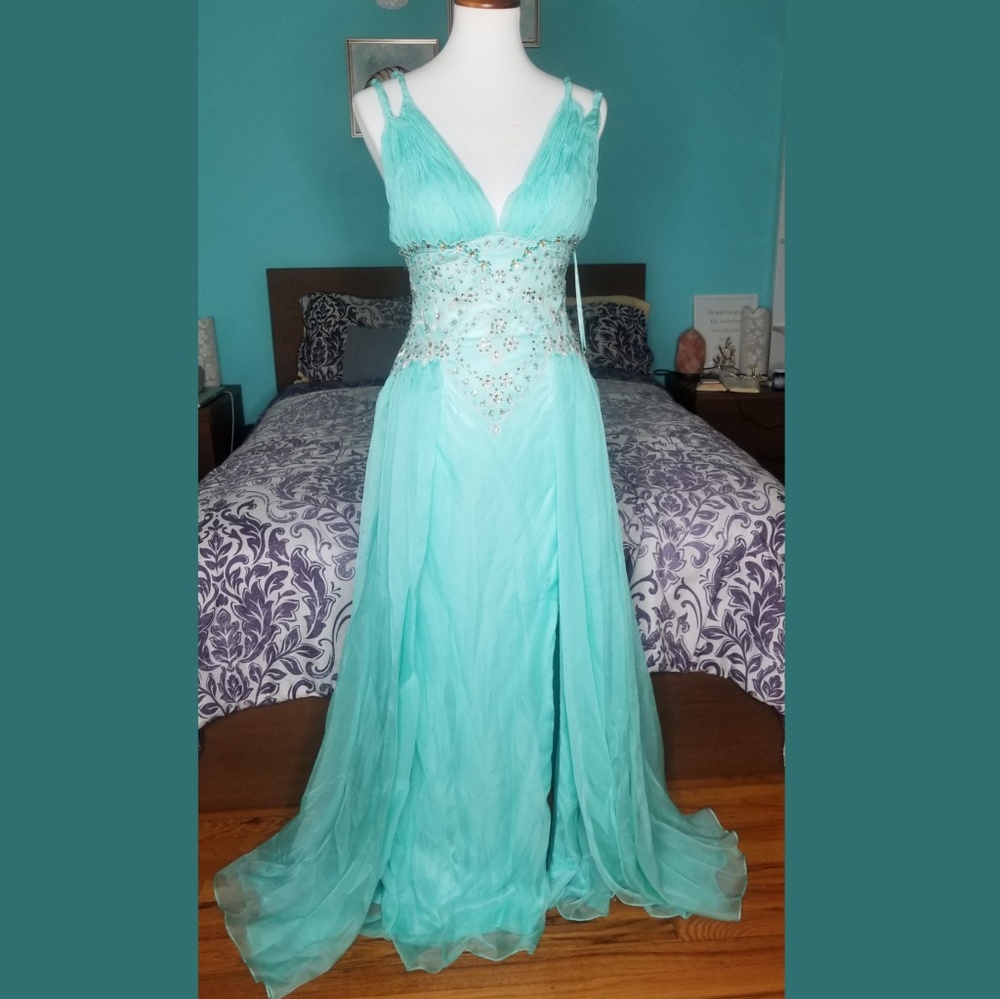 PROM AQUAMARINE BLUE BEADED GOWN